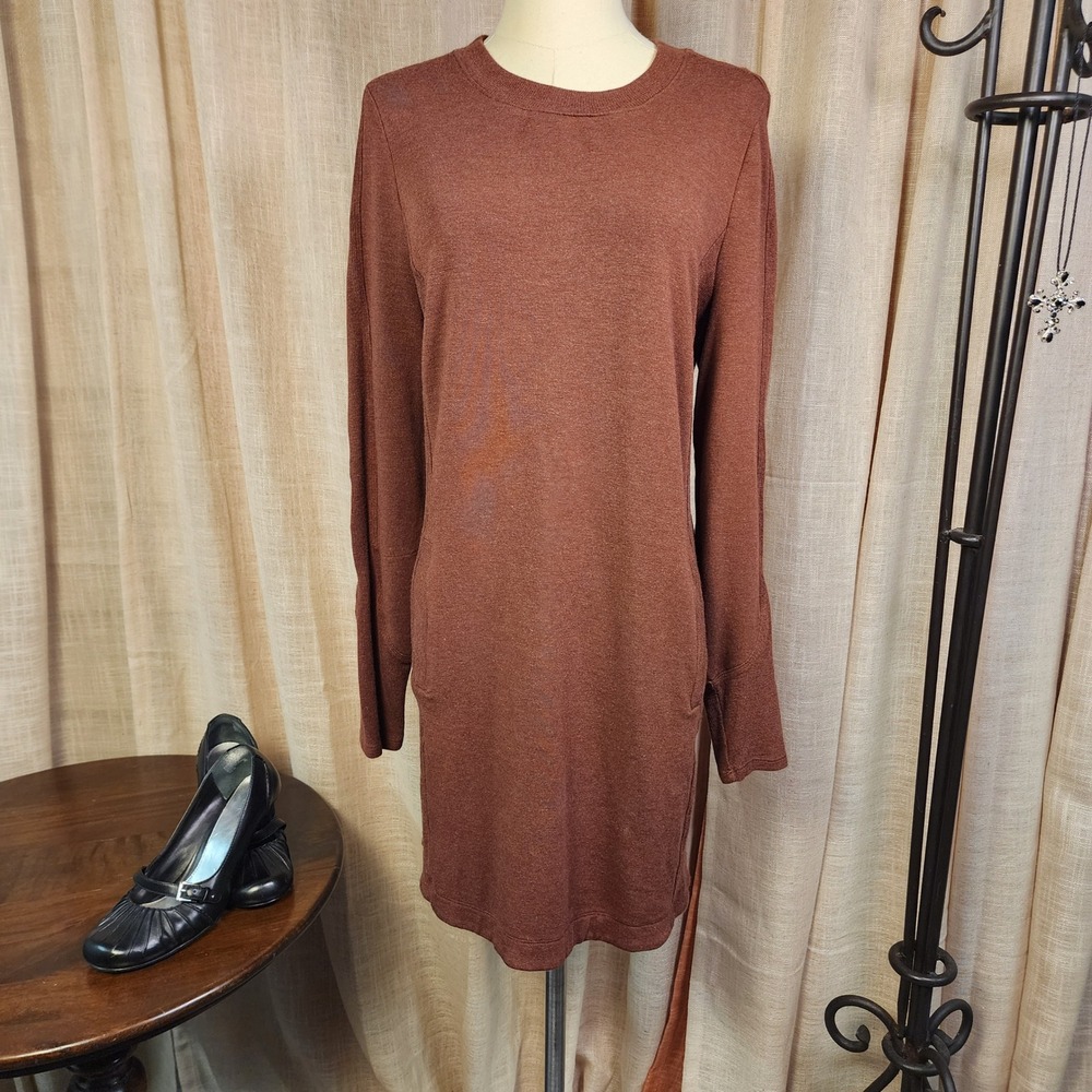 Athleta Balance Dress L Brown Modal Long Sleeve Pocket Sweater Dress Athleisure